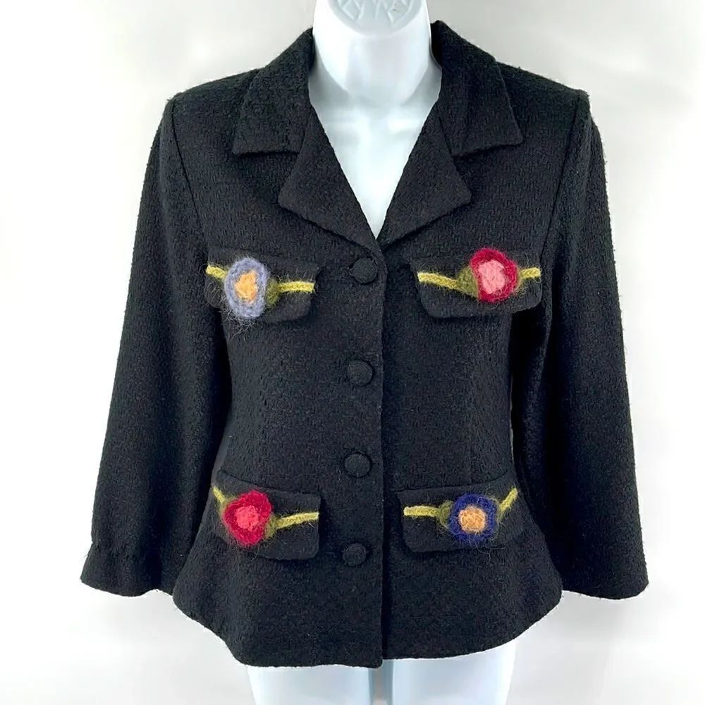 Monkey Wear vintage VTG tweed blazer suit coat jacket crochet flower black